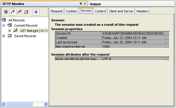 Session Tab in HTTP Monitor after the web application was executed.