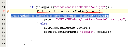 Source Editor with the call to the createCookie method marked as an error because the createCookie method does not exist yet.