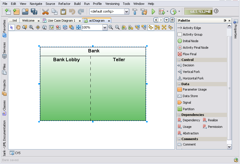 Screen capture showing Activity diagram with labeled Partitions