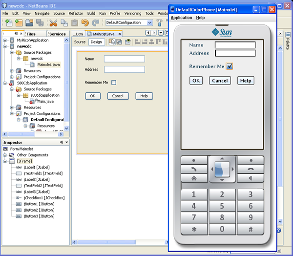 Shows the Default Color Phone Device Emulator running over the NetBeans IDE.