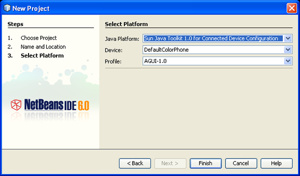 New Project Wizard Select Platform Page. The page shows the following drop-down menu choices: Platform: Sun Java Toolkit 1.0 for Connected Device Configuration; Device: DefaultColorPhone; Profile: AGUI-1.0.