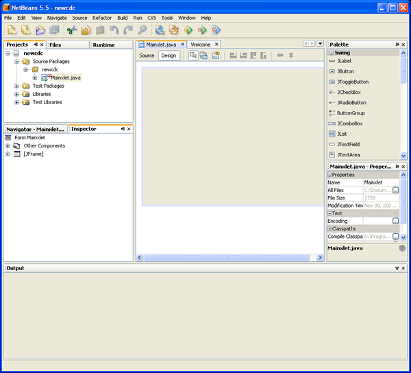 NetBeans IDE with several windows open. The Projects window shows the structure of the newcdc. The Navigator window shows the structure of the main class. The Main window shows the Main.java file in the GUI Designer window.  The palette window shows the components available to the AGUI platform.