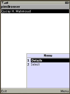 WTK 2.5 emulator displaying the sampel PIM Browser application