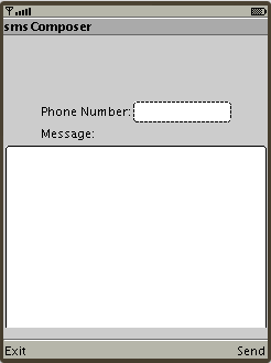 WTK 2.5 emulator displaying the sampel SMS Composer application
