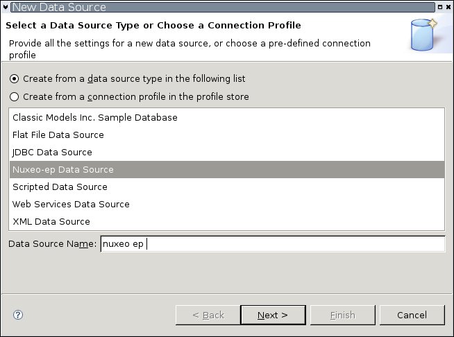In the Data Source Type screen, select "Nuxeo Data Source":