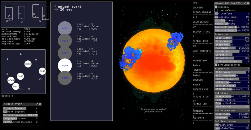The debugscreen showing (from the top left): the abstracted camera view, the transformed top-down view, tracking analysis, the output visuals, system states and tunable parameters