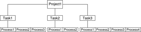 Diagram shows the relationships among projects, tasks,
and processes.