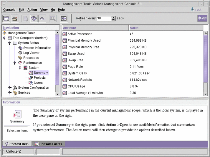 Screen capture shows Performance under Management Tools
in Navigation pane and summary of system performance Attribute and Value pane.