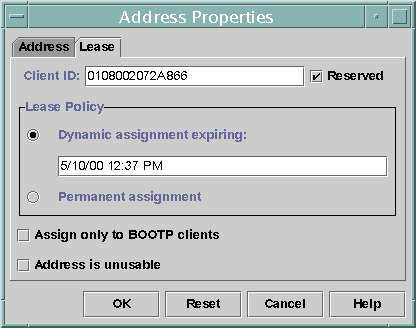 Dialog box shows Lease tab, which includes Client ID
field, Reserved check box, and settings for Lease Policy, BOOTP clients, and
Address is unusable.