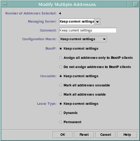 Dialog box shows pull-down lists labeled Managing Server
and Configuration Macro. Shows selections for BOOTP, Unusable addresses, and
Lease Type.