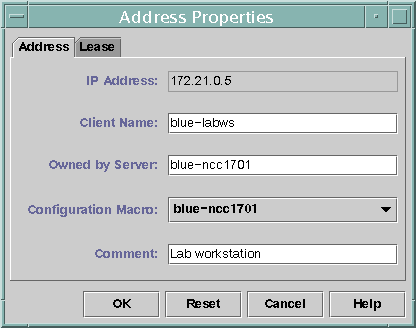 Address tab with fields called IP Address, Client Name,
Owned by Server, and Comment. Also shows Configuration Macro with pull-down
list.