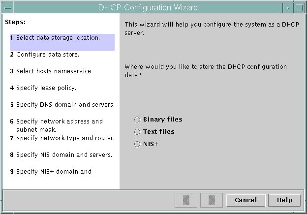 Dialog box shows storage choices, back and forward arrows, and
Cancel and Help buttons.