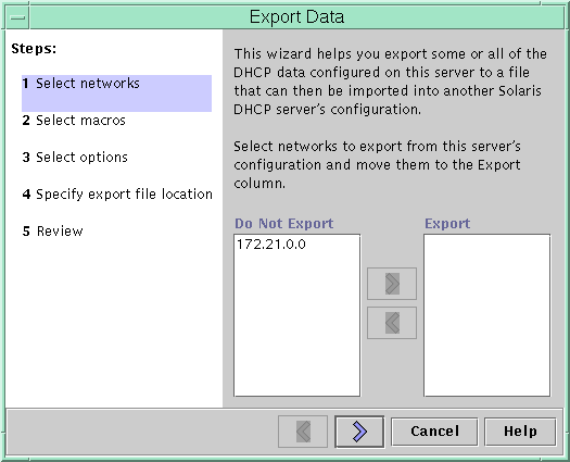 Dialog box lists steps to export data to a file. Shows
two lists of networks, titled Do Not Export and Export. Shows arrow buttons
between the lists.