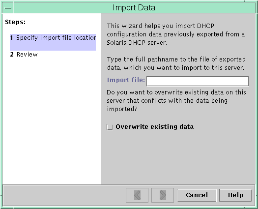 Dialog box lists steps to import data from a file. Shows
Import File field and Overwrite existing data check box.