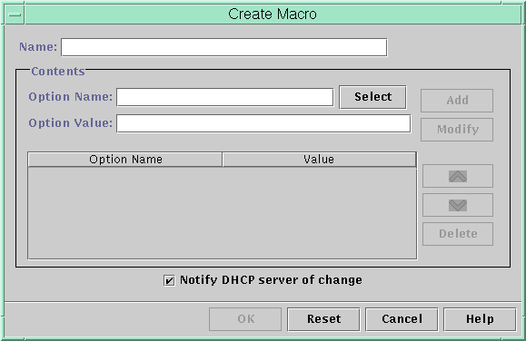 Dialog box shows Name, Option Name, and Option Value
fields. Shows Select button, empty list of options, and check box to notify
the DHCP server. 