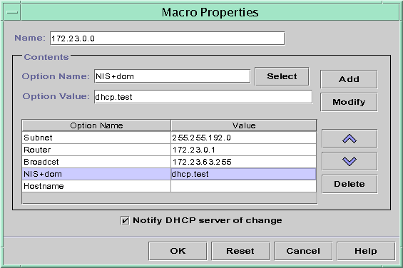 Dialog box shows list of options and their values. Shows
Select, Add, Modify, up and down, and Delete buttons. Shows check box to notify
server.