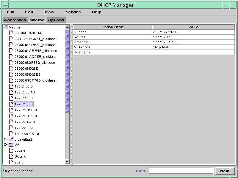 Macros tab shows list of macros with one macro selected.
Option names and values contained in macro are shown. Find field and Next
button are shown.