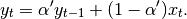 y_t = \alpha' y_{t-1} + (1 - \alpha') x_t.