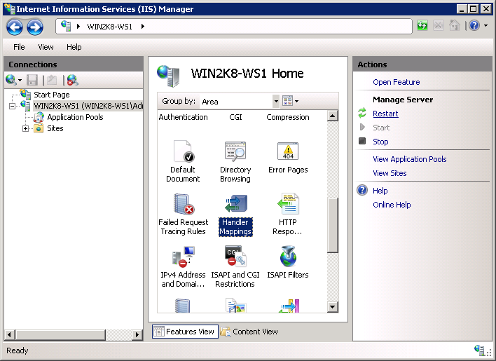 Crear la asignación de IIS controlador para PHP: Localizar Handler Mappings