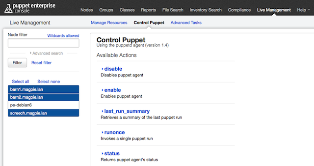 Live management with three nodes selected and displaying the Control Puppet section