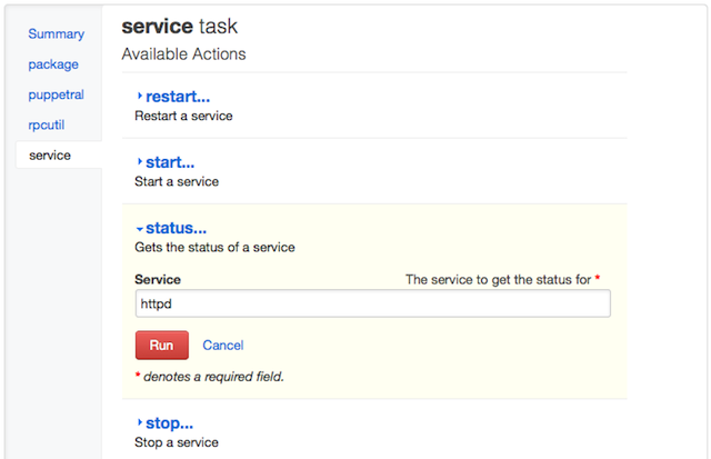 Invoking the service agent's status action with httpd as an argument