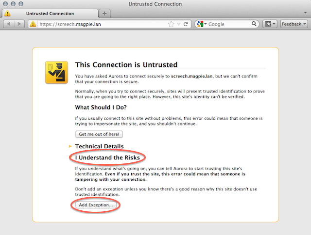 Screenshot: Firefox's untrusted cert warning, with two controls highlighted