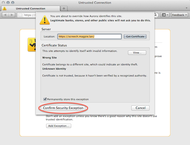 Screenshot: Firefox's cert details dialog, with the confirm button highlighted