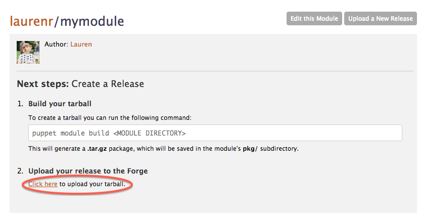 the "upload a tarball" link on a module's page