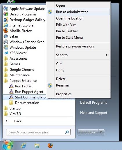 the right click menu, with run as administrator highlighted