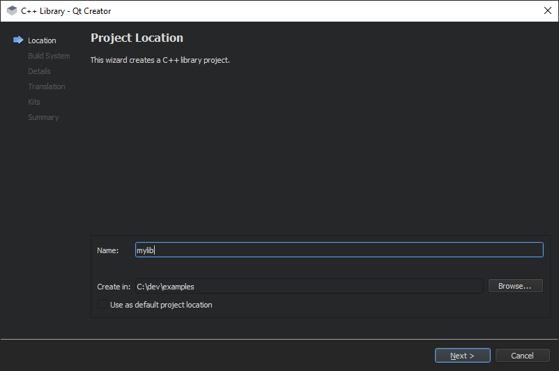 "Project Location dialog"