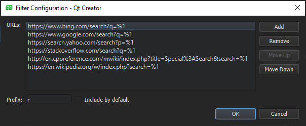 "List of URLs in Filter Configuration dialog"