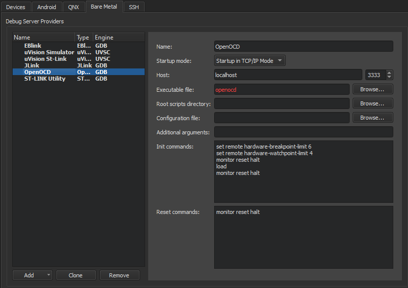 "Bare metal device preferences for OpenOCD"