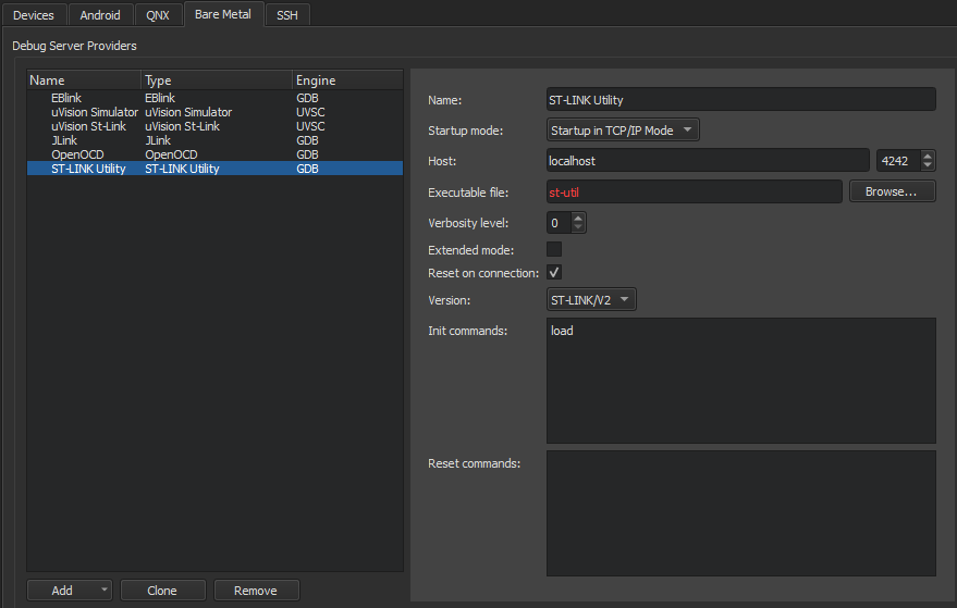 "Bare metal device preferences for St-Link"