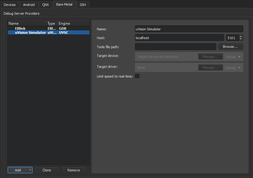 "Bare metal device preferences for uVision Simulator"