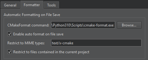 {Formatter tab in CMake Preferences}
