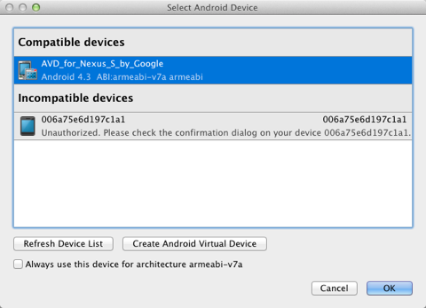 "Select Android Devices dialog"