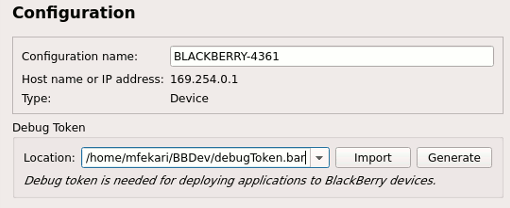 "BlackBerry Device debug token"