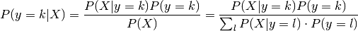 P(y=k | X) = \frac{P(X | y=k) P(y=k)}{P(X)} = \frac{P(X | y=k) P(y = k)}{ \sum_{l} P(X | y=l) \cdot P(y=l)}