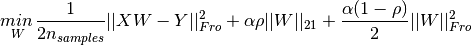 \underset{W}{min\,} { \frac{1}{2n_{samples}} ||X W - Y||_{Fro}^2 + \alpha \rho ||W||_{2 1} +
\frac{\alpha(1-\rho)}{2} ||W||_{Fro}^2}