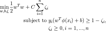 \min_ {w, b, \zeta} \frac{1}{2} w^T w + C \sum_{i=1}^{n} \zeta_i



\textrm {subject to } & y_i (w^T \phi (x_i) + b) \geq 1 - \zeta_i,\\
& \zeta_i \geq 0, i=1, ..., n