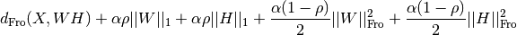 d_{\mathrm{Fro}}(X, WH)
+ \alpha \rho ||W||_1 + \alpha \rho ||H||_1
+ \frac{\alpha(1-\rho)}{2} ||W||_{\mathrm{Fro}} ^ 2
+ \frac{\alpha(1-\rho)}{2} ||H||_{\mathrm{Fro}} ^ 2