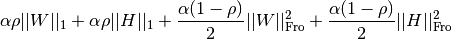 \alpha \rho ||W||_1 + \alpha \rho ||H||_1
+ \frac{\alpha(1-\rho)}{2} ||W||_{\mathrm{Fro}} ^ 2
+ \frac{\alpha(1-\rho)}{2} ||H||_{\mathrm{Fro}} ^ 2