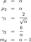 \begin{eqnarray*} \mu & = & \alpha\\ \mu_{2} & = & \alpha\\ \gamma_{1} & = & \frac{2}{\sqrt{\alpha}}\\ \gamma_{2} & = & \frac{6}{\alpha}\\ m_{d} & = & \alpha-1\end{eqnarray*}