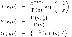 \begin{eqnarray*} f\left(x;a\right) & = & \frac{x^{-a-1}}{\Gamma\left(a\right)}\exp\left(-\frac{1}{x}\right)\\ F\left(x;a\right) & = & \frac{\Gamma\left(a,\frac{1}{x}\right)}{\Gamma\left(a\right)}\\ G\left(q;a\right) & = & \left\{ \Gamma^{-1}\left[a,\Gamma\left(a\right)q\right]\right\} ^{-1}\end{eqnarray*}