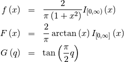 \begin{eqnarray*} f\left(x\right) & = & \frac{2}{\pi\left(1+x^{2}\right)}I_{[0,\infty)}\left(x\right)\\ F\left(x\right) & = & \frac{2}{\pi}\arctan\left(x\right)I_{\left[0,\infty\right]}\left(x\right)\\ G\left(q\right) & = & \tan\left(\frac{\pi}{2}q\right)\end{eqnarray*}