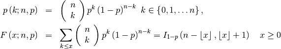 \begin{eqnarray*} p\left(k;n,p\right) & = & \left(\begin{array}{c} n\\ k\end{array}\right)p^{k}\left(1-p\right)^{n-k}\,\, k\in\left\{ 0,1,\ldots n\right\} ,\\ F\left(x;n,p\right) & = & \sum_{k\leq x}\left(\begin{array}{c} n\\ k\end{array}\right)p^{k}\left(1-p\right)^{n-k}=I_{1-p}\left(n-\left\lfloor x\right\rfloor ,\left\lfloor x\right\rfloor +1\right)\quad x\geq0\end{eqnarray*}