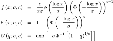 \begin{eqnarray*} f\left(x;\sigma,c\right) & = & \frac{c}{x\sigma}\phi\left(\frac{\log x}{\sigma}\right)\left(\Phi\left(-\frac{\log x}{\sigma}\right)\right)^{c-1}\\ F\left(x;\sigma,c\right) & = & 1-\left(\Phi\left(-\frac{\log x}{\sigma}\right)\right)^{c}\\ G\left(q;\sigma,c\right) & = & \exp\left[-\sigma\Phi^{-1}\left[\left(1-q\right)^{1/c}\right]\right]\end{eqnarray*}