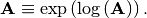 \[ \mathbf{A}\equiv\exp\left(\log\left(\mathbf{A}\right)\right).\]