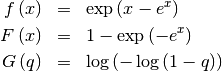 \begin{eqnarray*} f\left(x\right) & = & \exp\left(x-e^{x}\right)\\ F\left(x\right) & = & 1-\exp\left(-e^{x}\right)\\ G\left(q\right) & = & \log\left(-\log\left(1-q\right)\right)\end{eqnarray*}