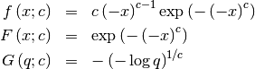 \begin{eqnarray*} f\left(x;c\right) & = & c\left(-x\right)^{c-1}\exp\left(-\left(-x\right)^{c}\right)\\ F\left(x;c\right) & = & \exp\left(-\left(-x\right)^{c}\right)\\ G\left(q;c\right) & = & -\left(-\log q\right)^{1/c}\end{eqnarray*}